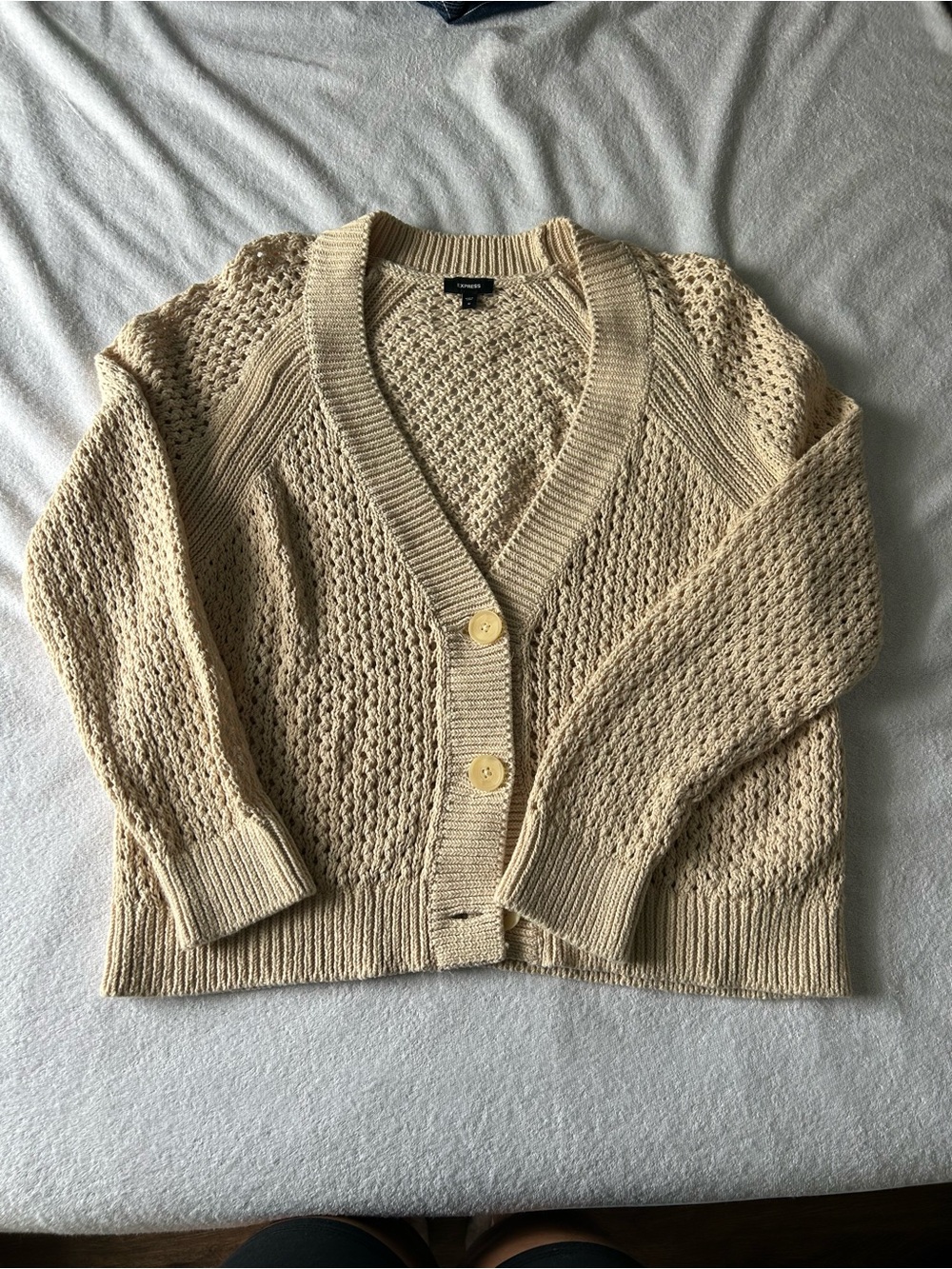 Express Beige Open-Knit V-Neck Button Cardigan